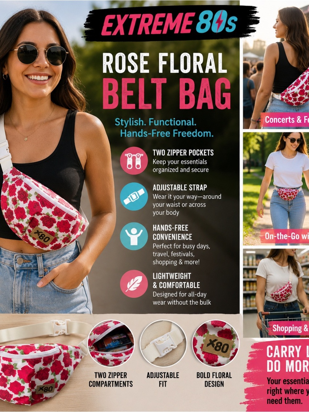 Rose Floral Belt Bag - Adjustable Hands-Free Travel Waist Pack